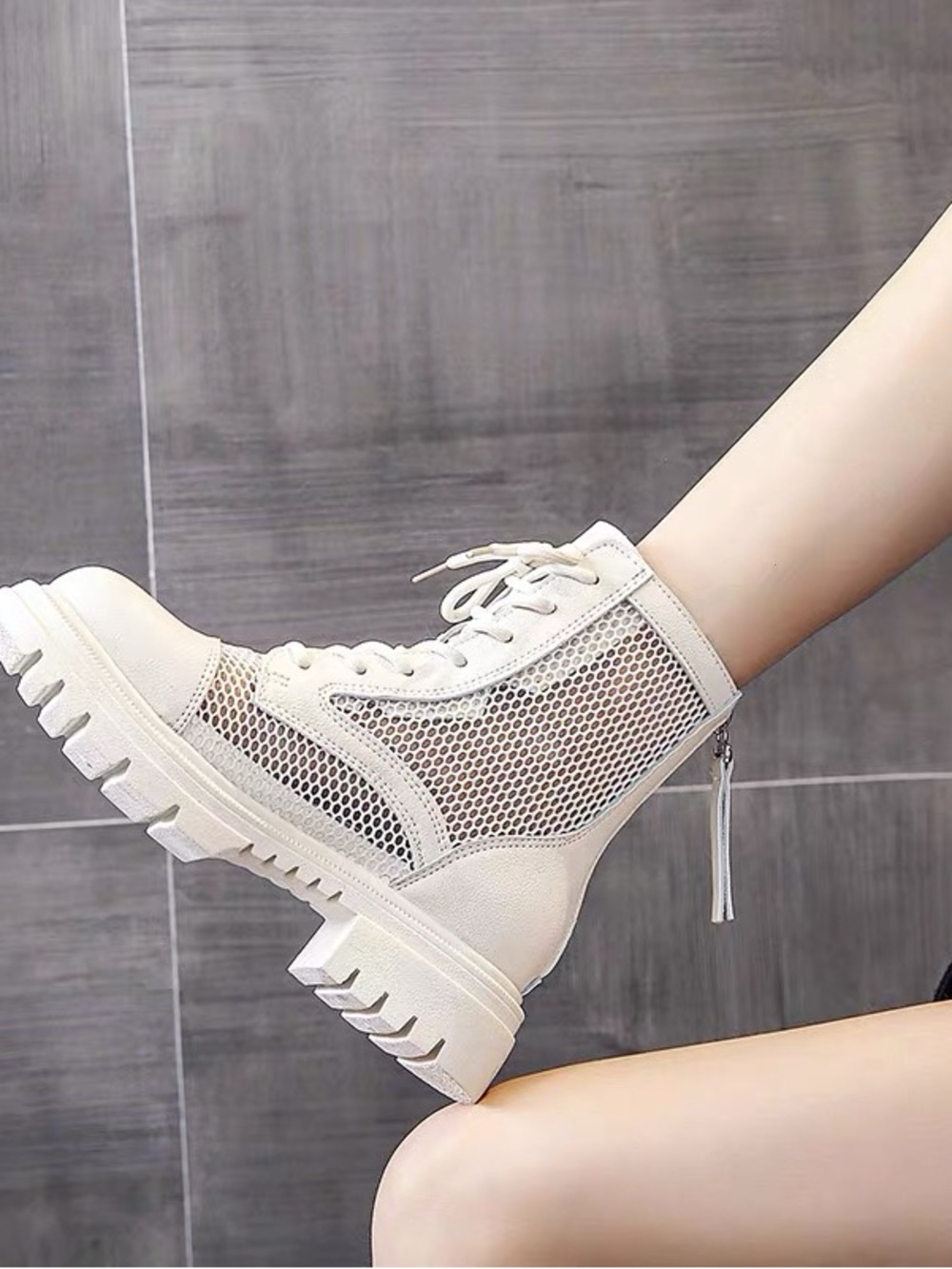 Cream Mesh Combat Boots